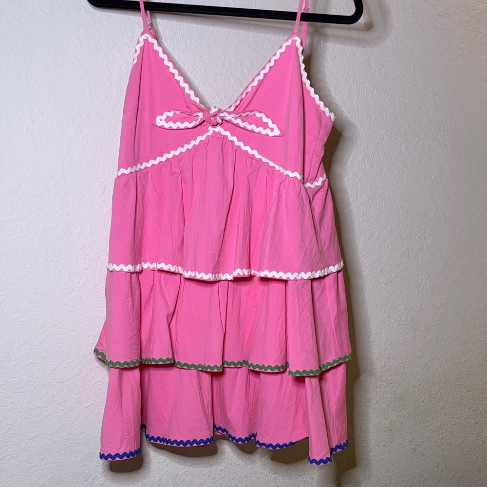 Pink Tiered Dress with White Trim